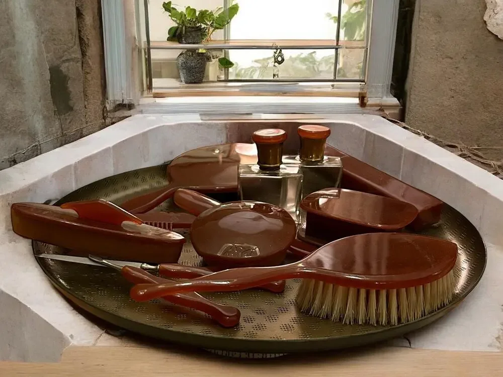Signed Agalin Bakelite Yrvl Vanity Set /Rare Antique 1920s Art Deco Grooming Kit